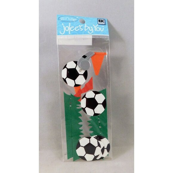 Soccer 3D Scrapbook Stickers Set of 2 Blue Uniform Top Balls Whistle Grass - Picture 2 of 2